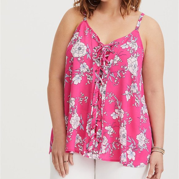 torrid Tops - Torrid- SOPHIE - PINK FLORAL LACE-UP SWING CAMI